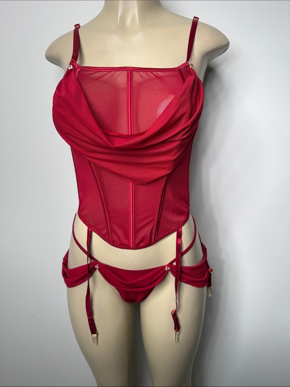 Draped Red Mesh Corset Bustier with Garter Skirt and Thong